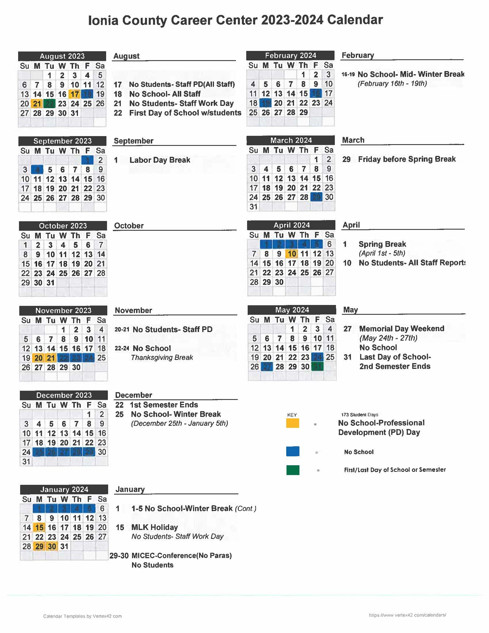 2023-2024 Ionia County Career Center Calendar